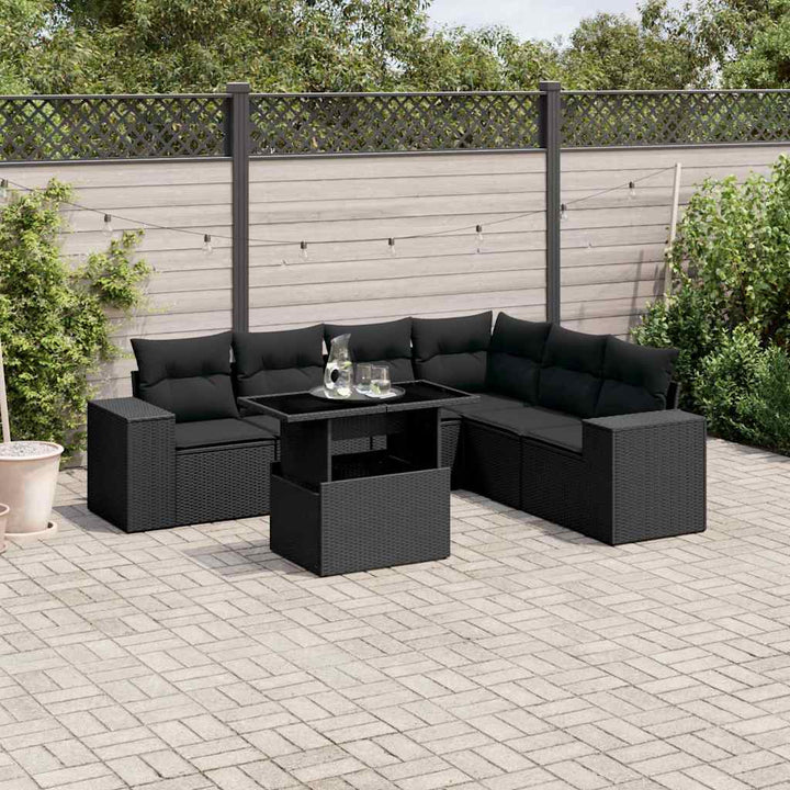 Set Canapele De Grădină Cu Perne, 7 Piese, Negru, Poliratan