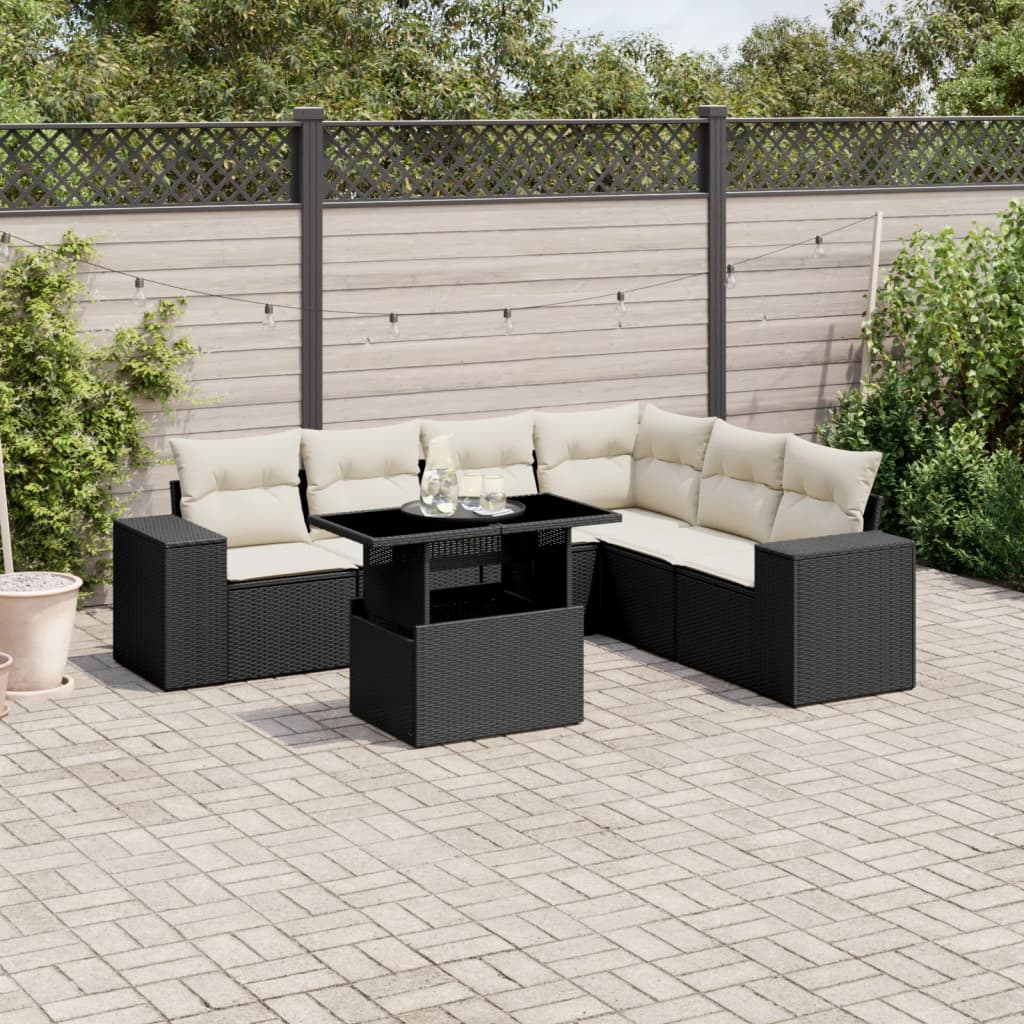 Set Canapele De Grădină Cu Perne, 7 Piese, Negru, Poliratan