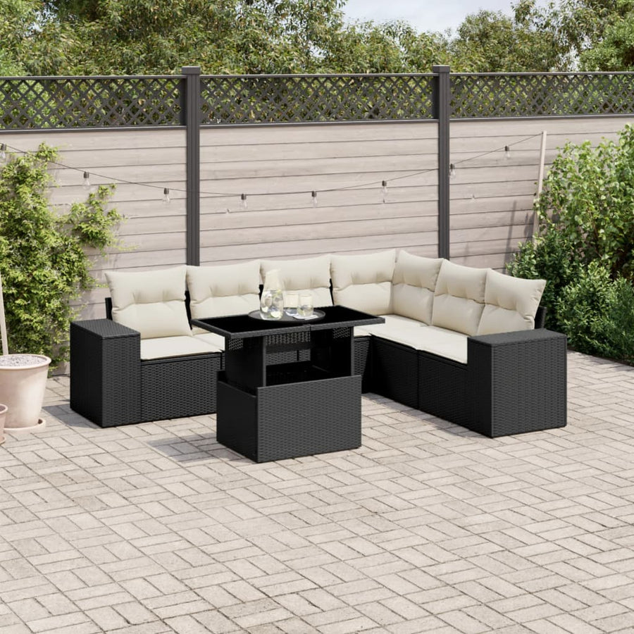 Set Canapele De Grădină Cu Perne, 7 Piese, Negru, Poliratan