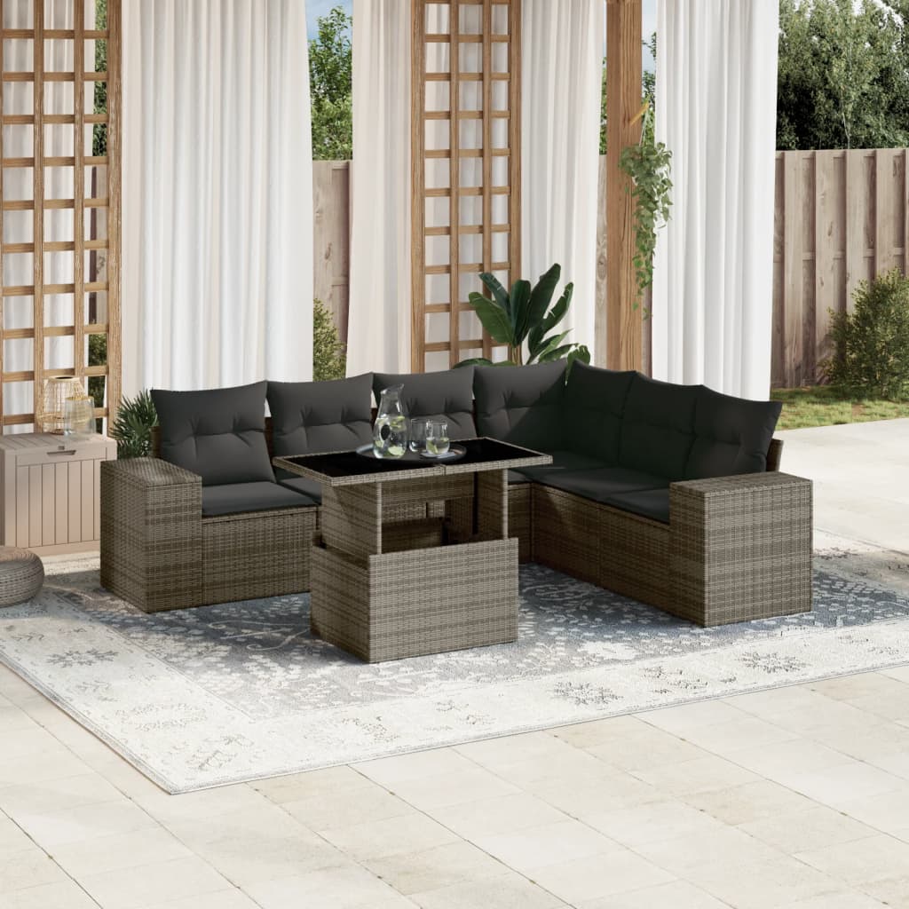 Set Canapele De Grădină Cu Perne, 7 Piese, Negru, Poliratan