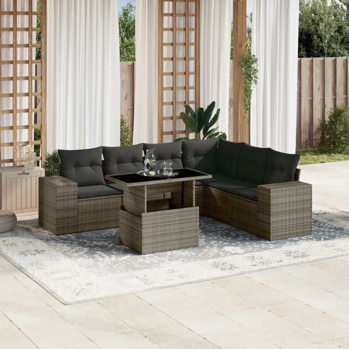 Set Canapele De Grădină Cu Perne, 7 Piese, Negru, Poliratan