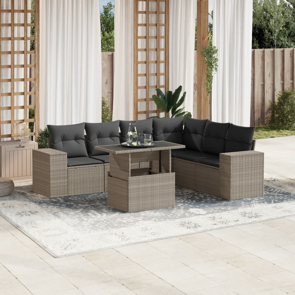 Set Canapele De Grădină Cu Perne, 7 Piese, Negru, Poliratan