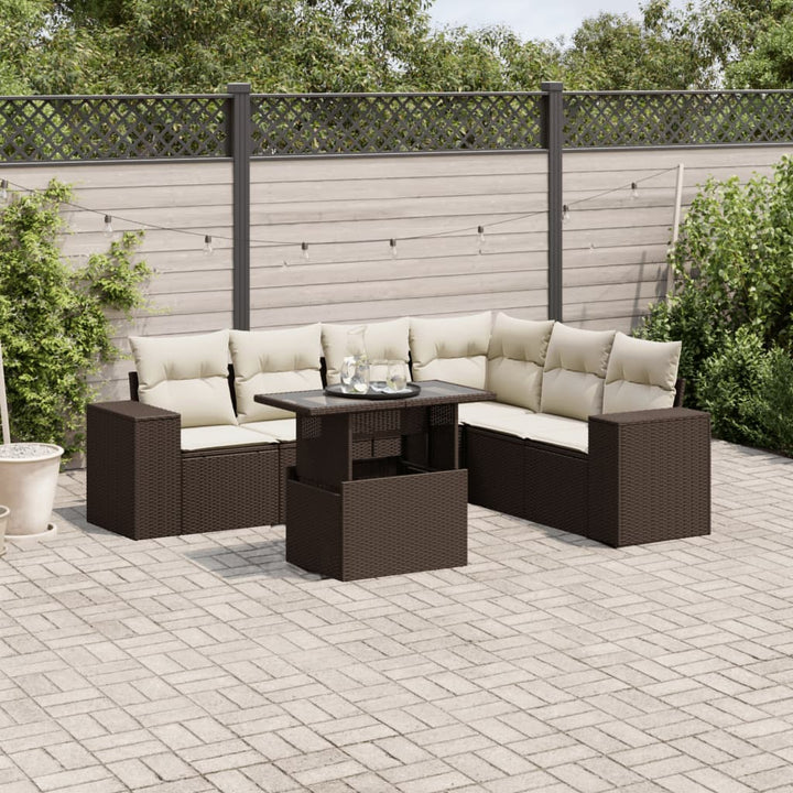 Set Canapele De Grădină Cu Perne, 7 Piese, Negru, Poliratan