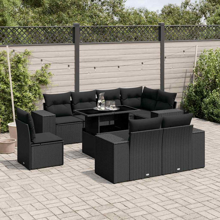 Set Mobilier De Grădină Cu Perne, 9 Piese, Negru, Poliratan