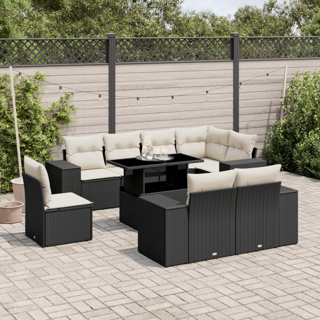 Set Mobilier De Grădină Cu Perne, 9 Piese, Negru, Poliratan