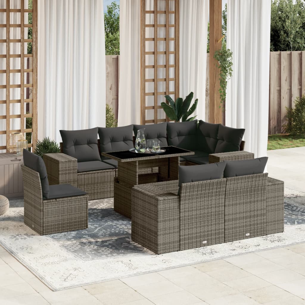 Set Mobilier De Grădină Cu Perne, 9 Piese, Negru, Poliratan