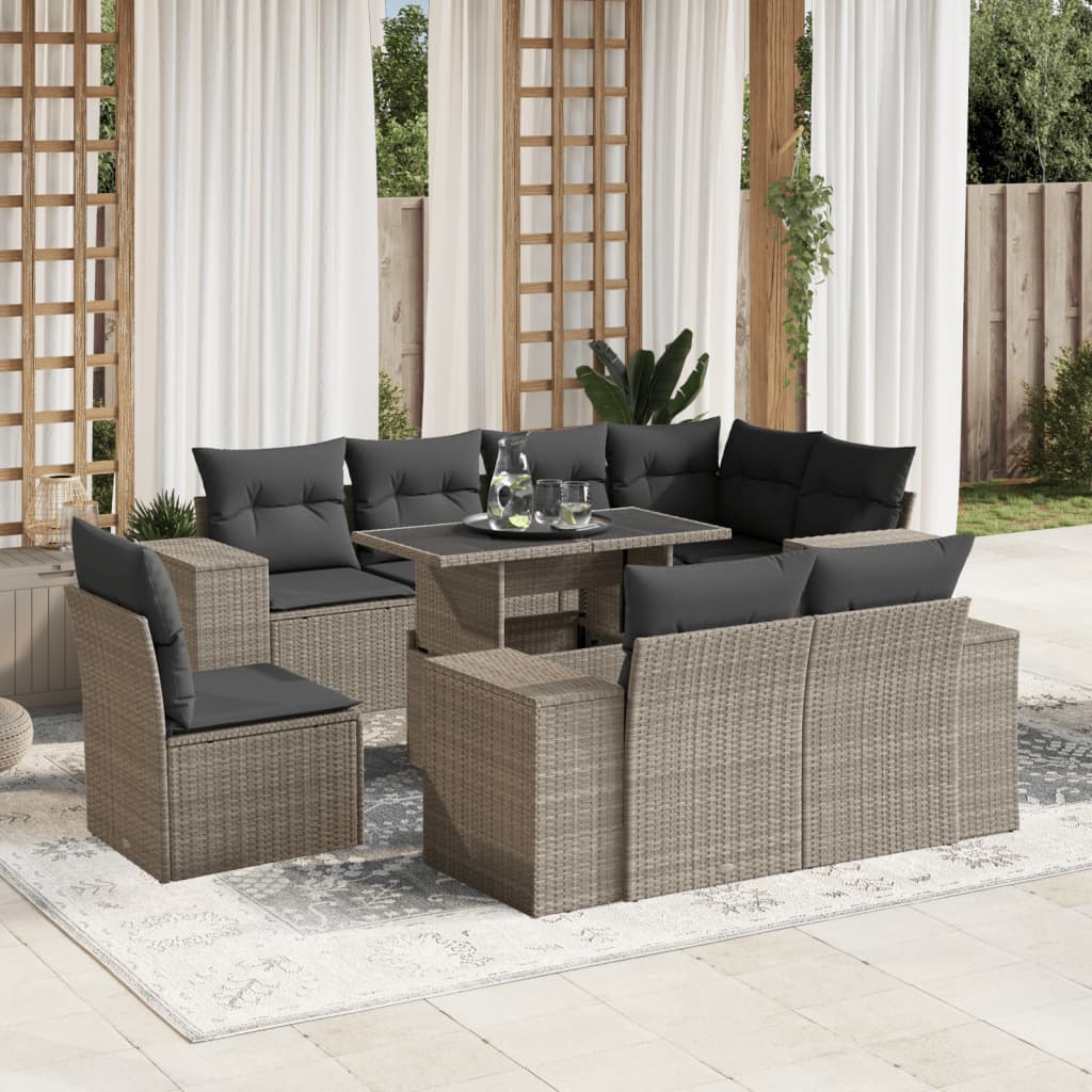 Set Mobilier De Grădină Cu Perne, 9 Piese, Negru, Poliratan