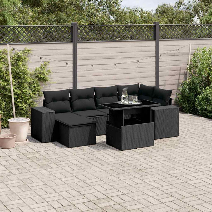 Set Canapele De Grădină Cu Perne, 7 Piese, Negru, Poliratan