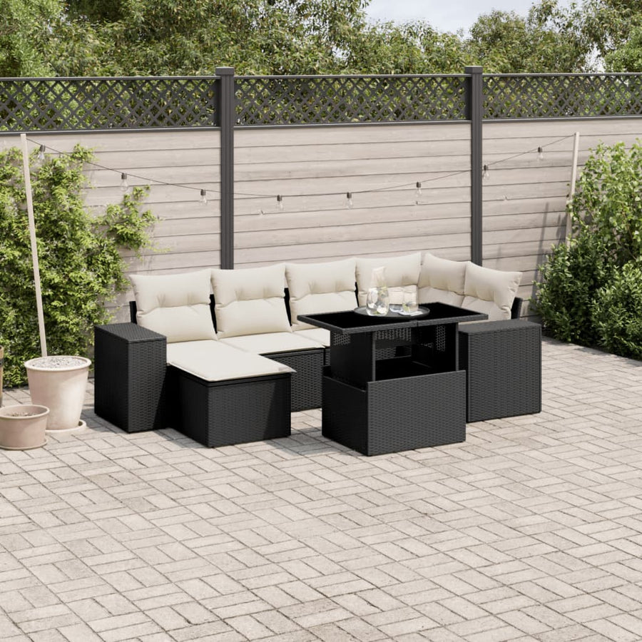 Set Canapele De Grădină Cu Perne, 7 Piese, Negru, Poliratan