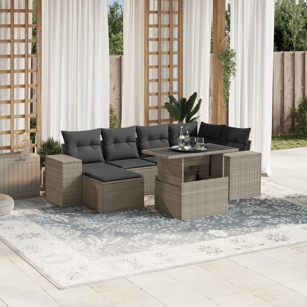 Set Canapele De Grădină Cu Perne, 7 Piese, Negru, Poliratan
