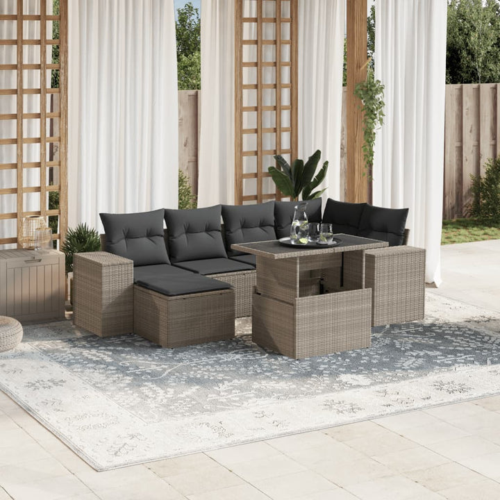 Set Canapele De Grădină Cu Perne, 7 Piese, Negru, Poliratan