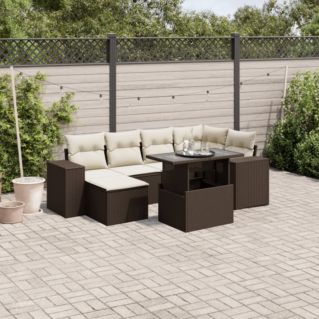 Set Canapele De Grădină Cu Perne, 7 Piese, Negru, Poliratan