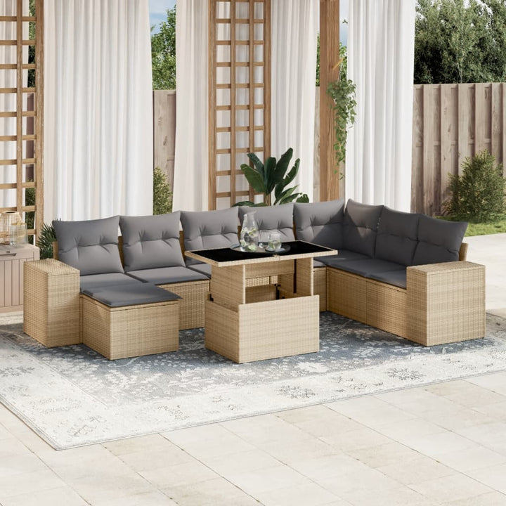 Set Canapele De Grădină, 9 Piese, Cu Perne, Bej, Poliratan