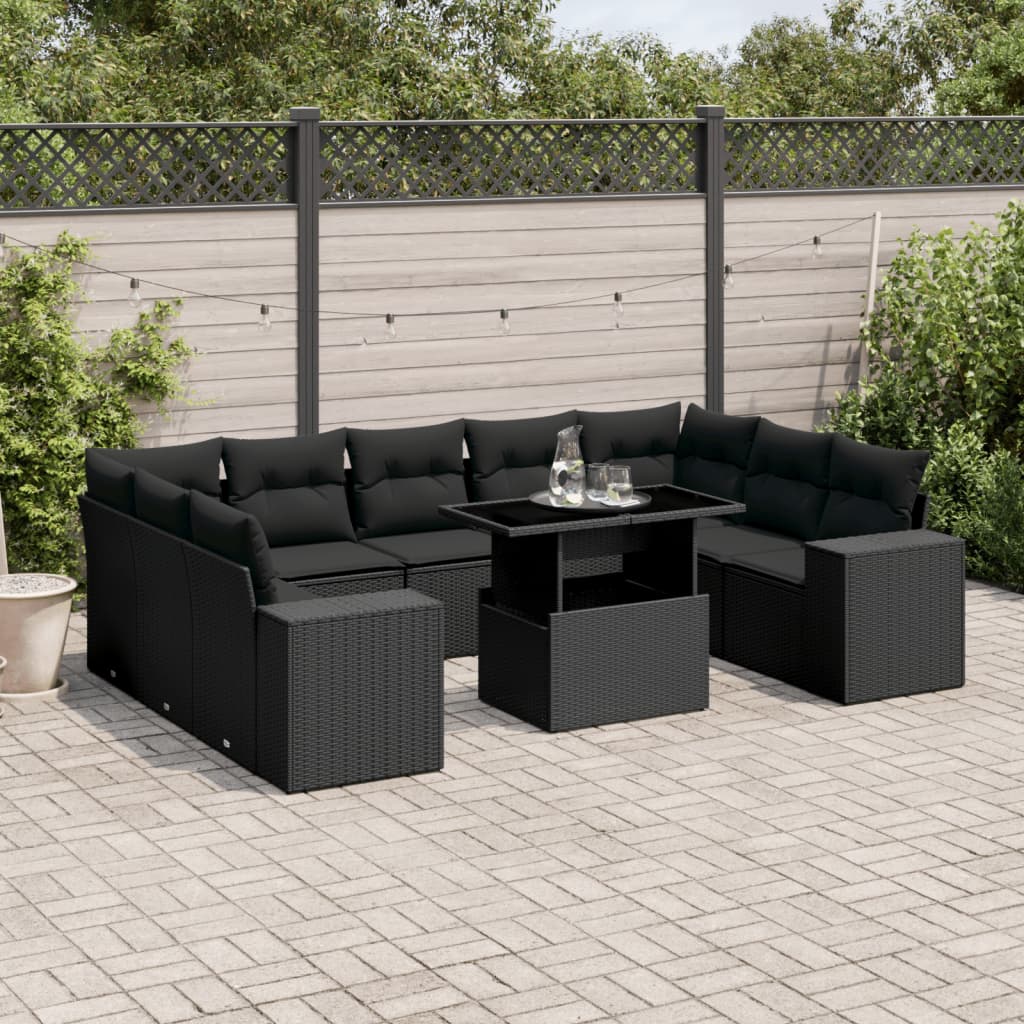 Set Canapele De Grădină Cu Perne, 10 Piese, Negru, Poliratan