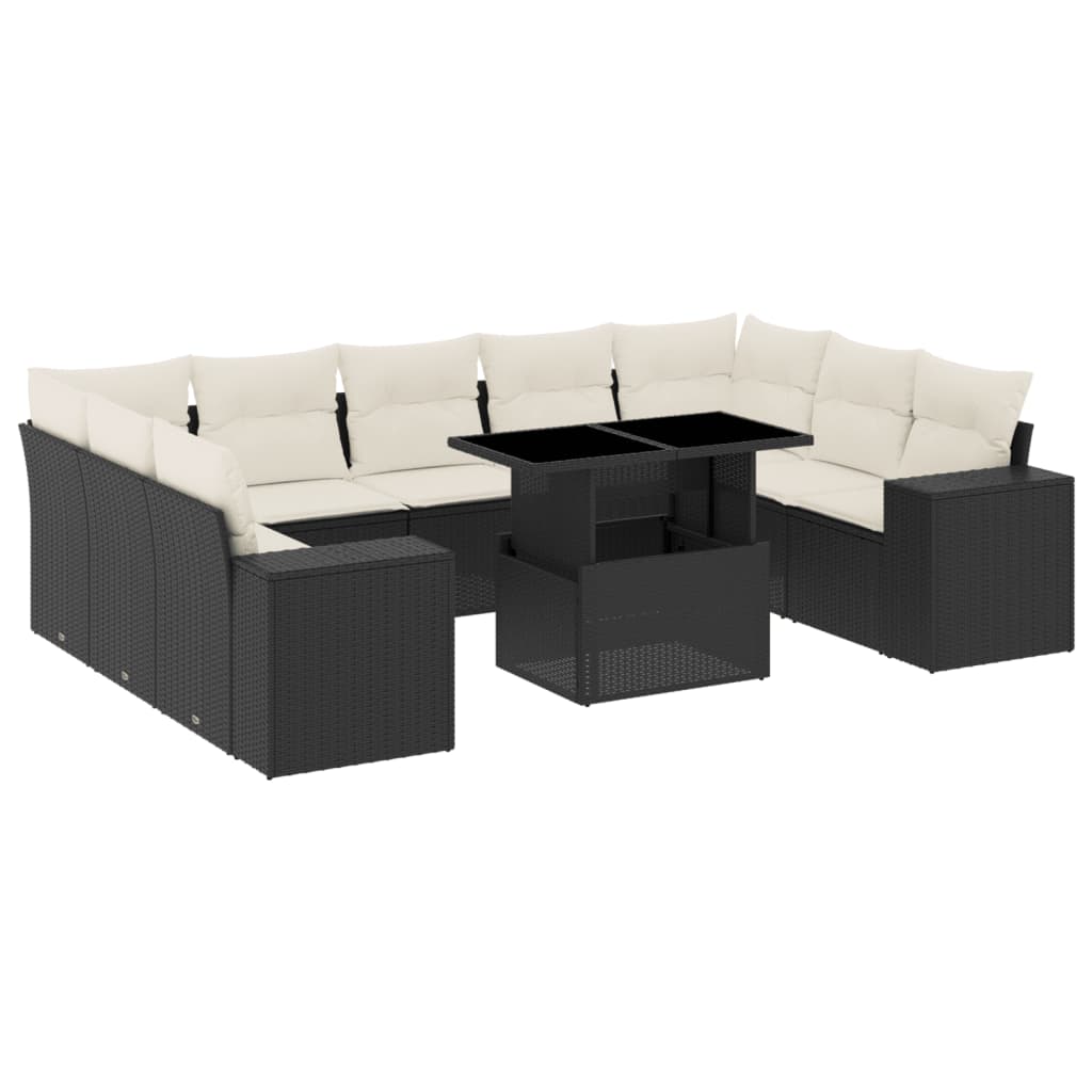 Set Canapele De Grădină Cu Perne, 10 Piese, Negru, Poliratan