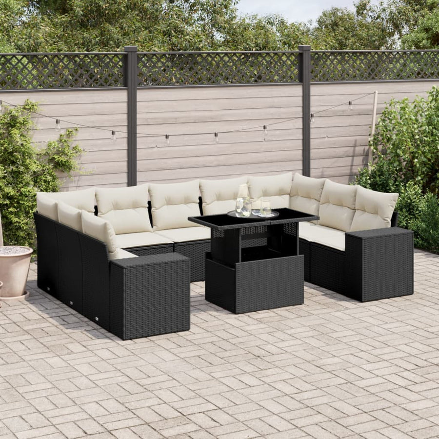 Set Canapele De Grădină Cu Perne, 10 Piese, Negru, Poliratan