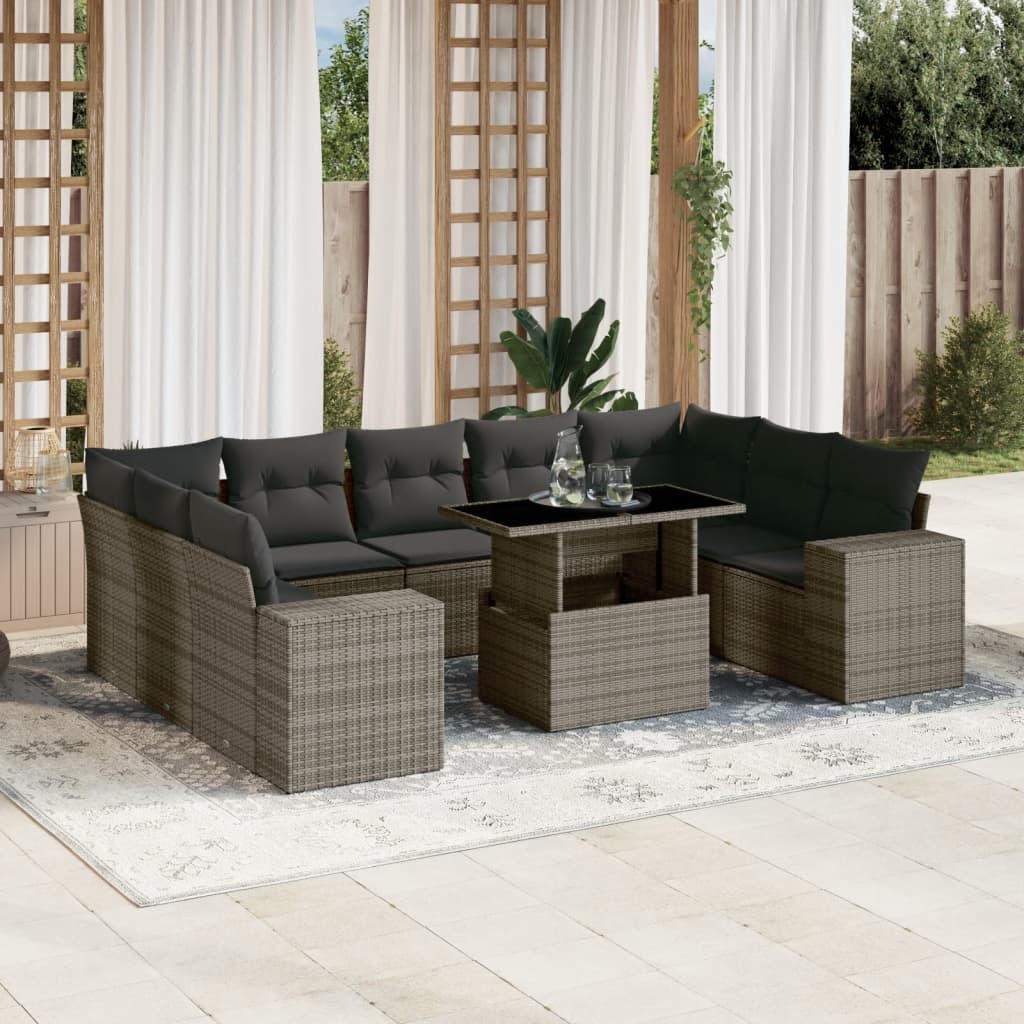 Set Canapele De Grădină Cu Perne, 10 Piese, Negru, Poliratan
