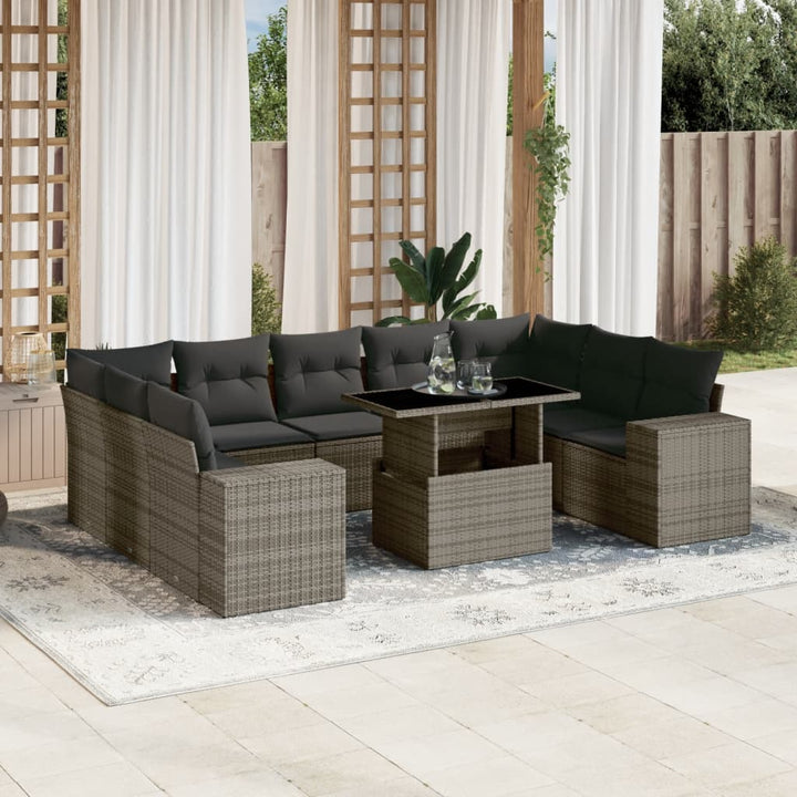 Set Canapele De Grădină Cu Perne, 10 Piese, Negru, Poliratan