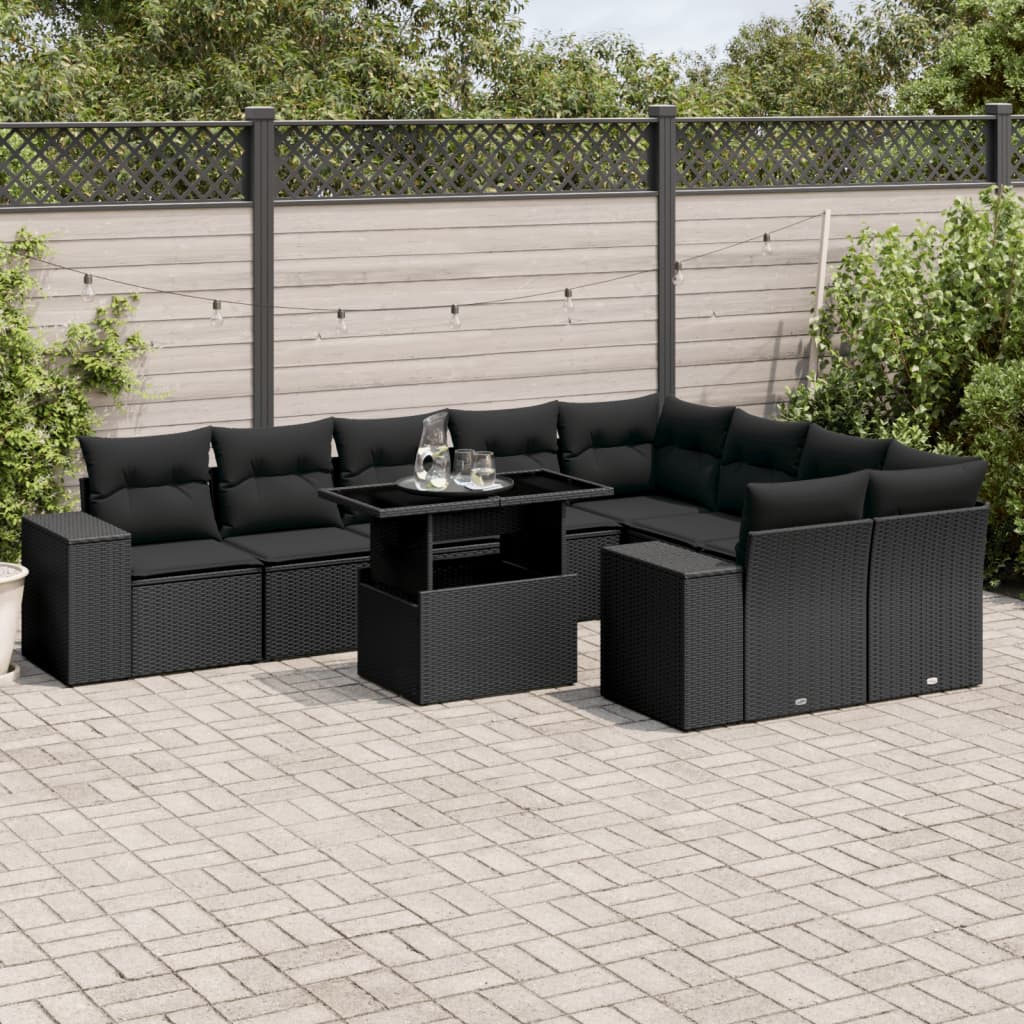 Set Canapele De Grădină Cu Perne, 10 Piese, Negru, Poliratan