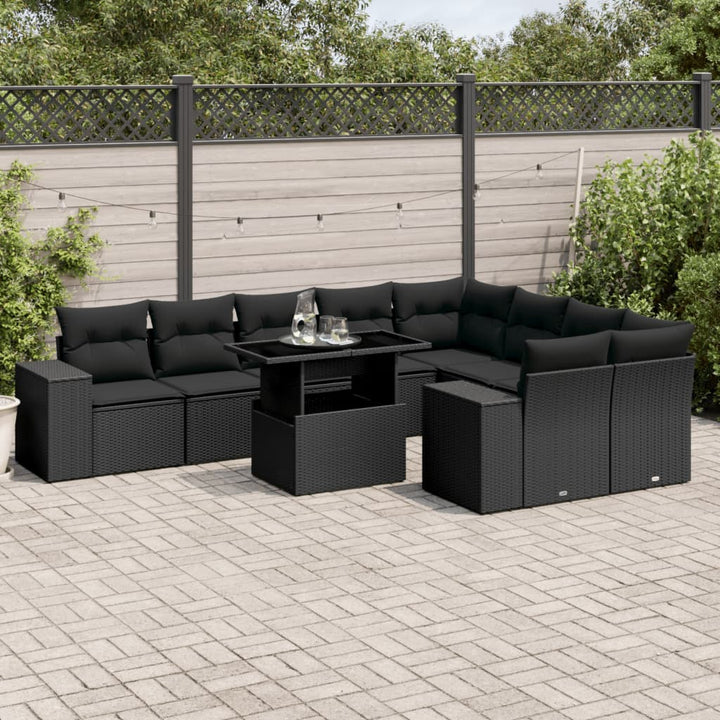 Set Canapele De Grădină Cu Perne, 10 Piese, Negru, Poliratan