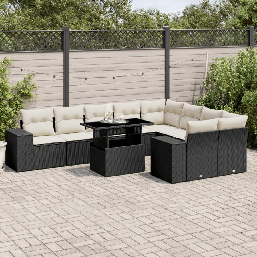 Set Canapele De Grădină Cu Perne, 10 Piese, Negru, Poliratan