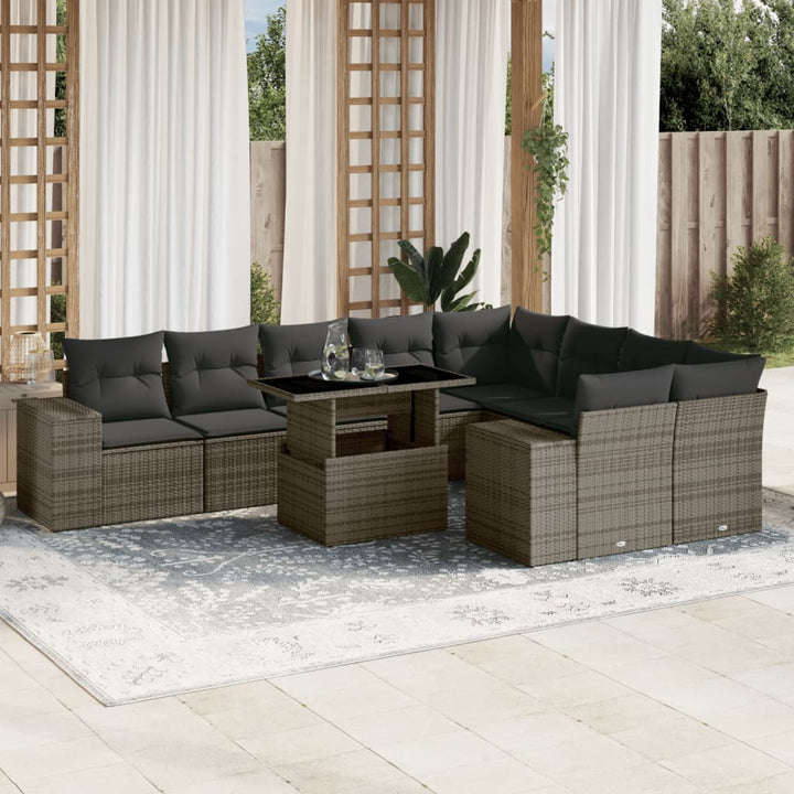 Set Canapele De Grădină Cu Perne, 10 Piese, Negru, Poliratan