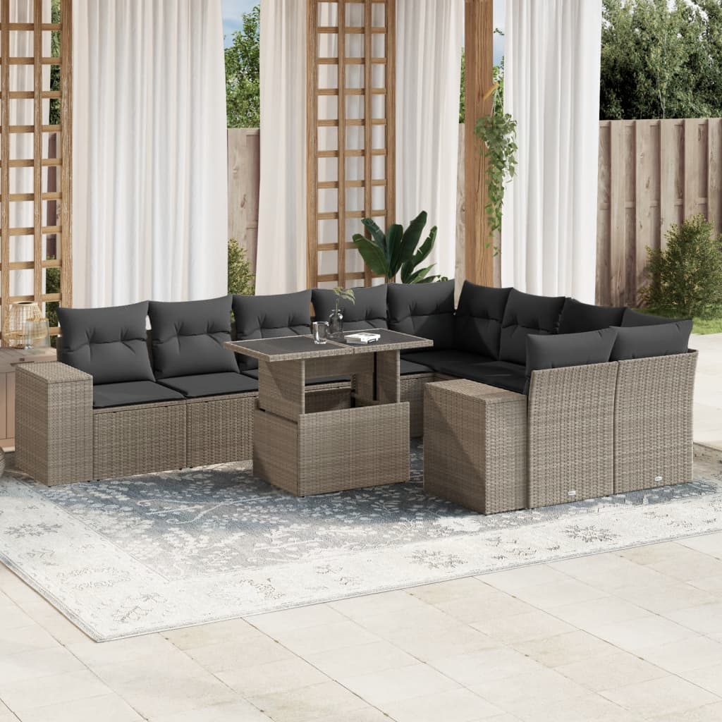 Set Canapele De Grădină Cu Perne, 10 Piese, Negru, Poliratan