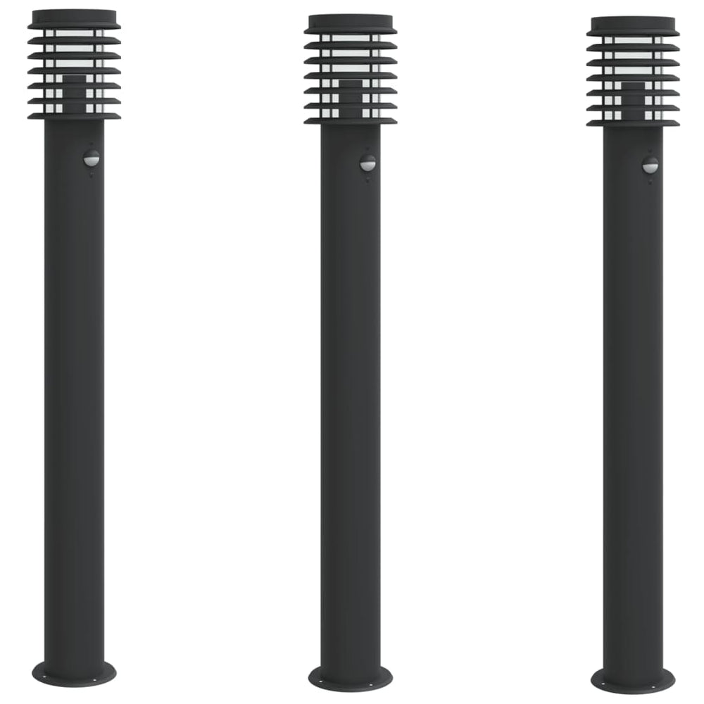 Lămpi Exterioare De Podea Senzori 3 Buc. 110 Cm Oțel Inox Negru