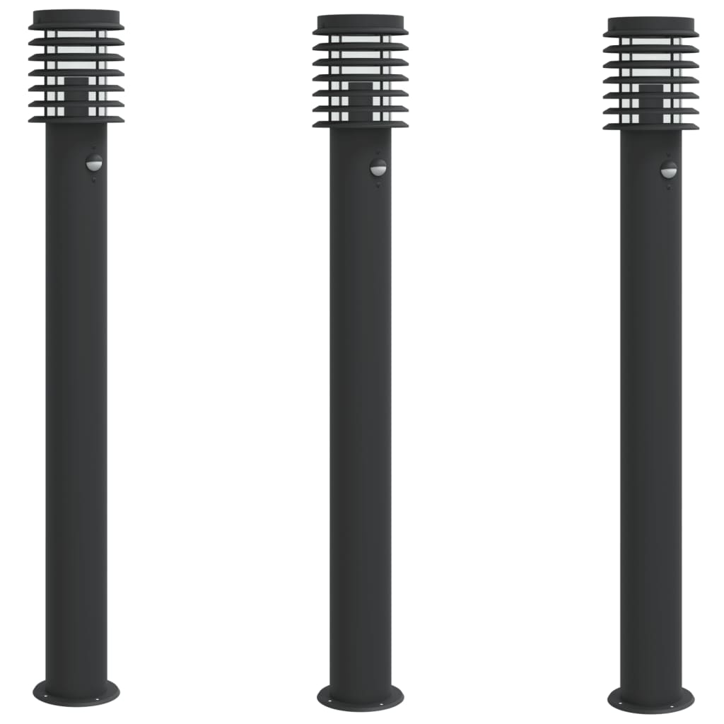 Lămpi Exterioare De Podea Senzori 3 Buc. 110 Cm Oțel Inox Negru
