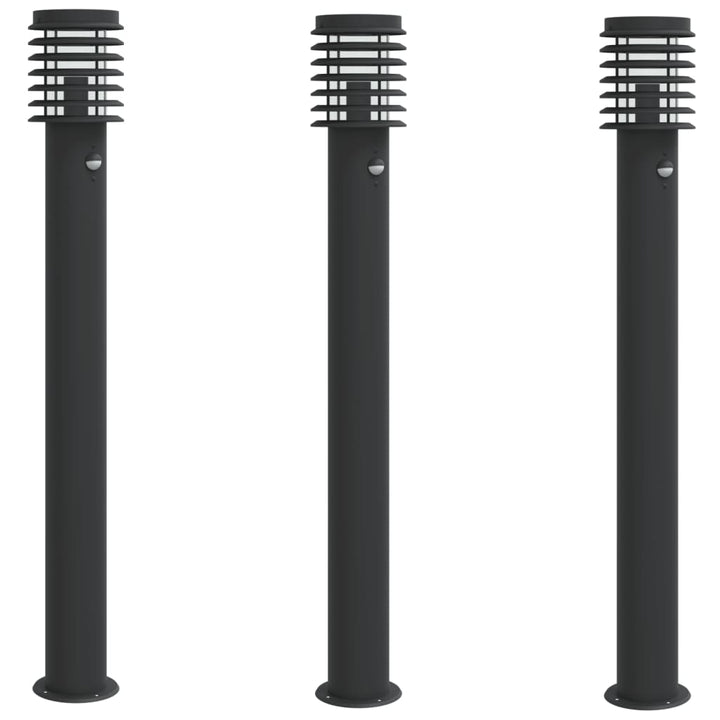 Lămpi Exterioare De Podea Senzori 3 Buc. 110 Cm Oțel Inox Negru