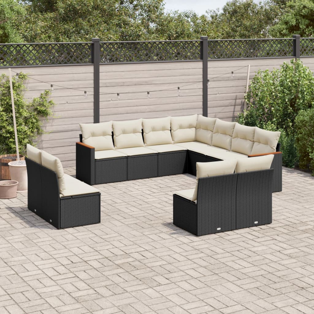 Set Canapele De Grădină Cu Perne, 11 Piese, Negru, Poliratan