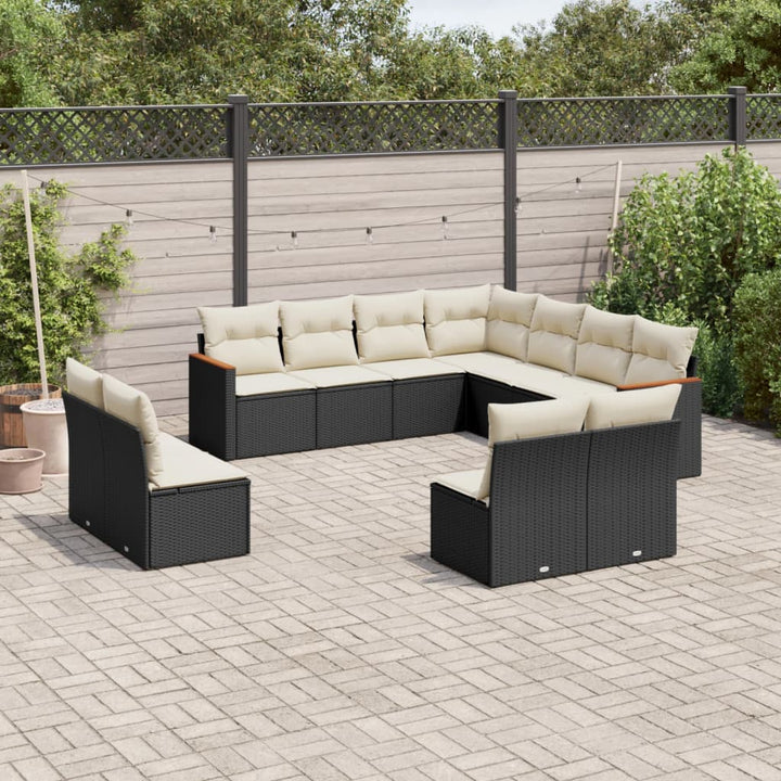 Set Canapele De Grădină Cu Perne, 11 Piese, Negru, Poliratan