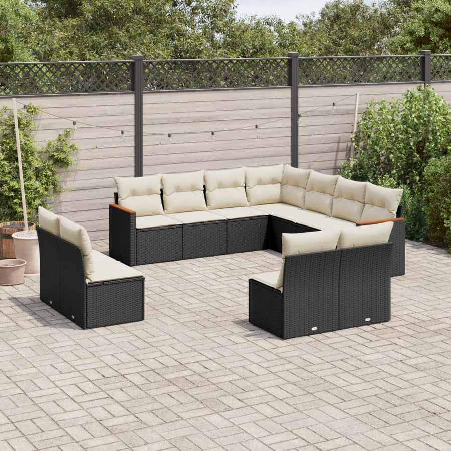 Set Canapele De Grădină Cu Perne, 11 Piese, Negru, Poliratan