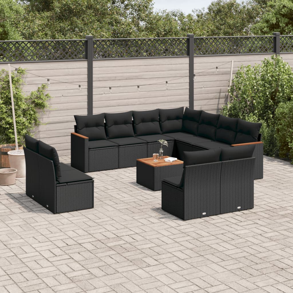 Set Canapele De Grădină Cu Perne, 11 Piese, Negru, Poliratan