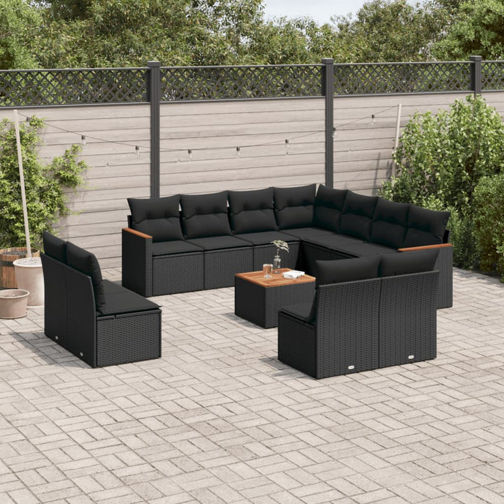 Set Canapele De Grădină Cu Perne, 11 Piese, Negru, Poliratan