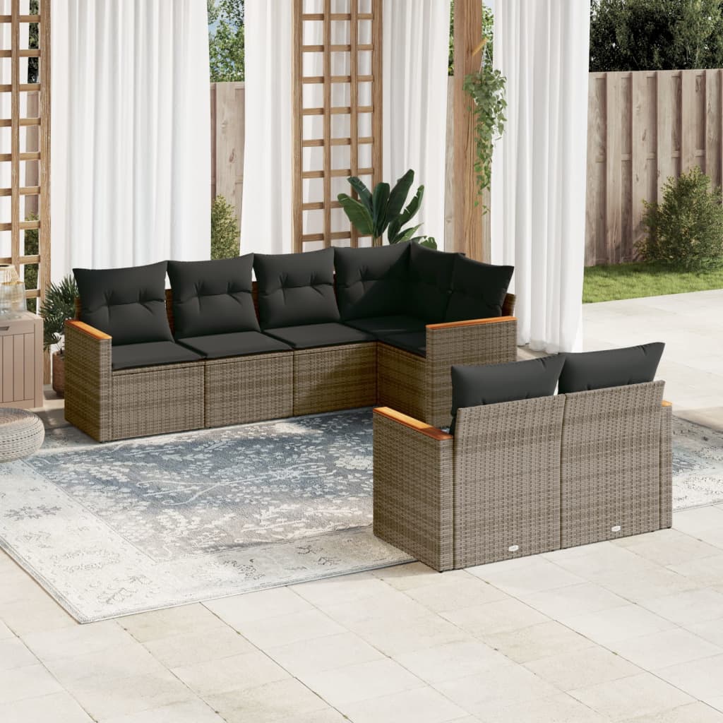 Set Canapele De Grădină Cu Perne, 7 Piese, Negru, Poliratan