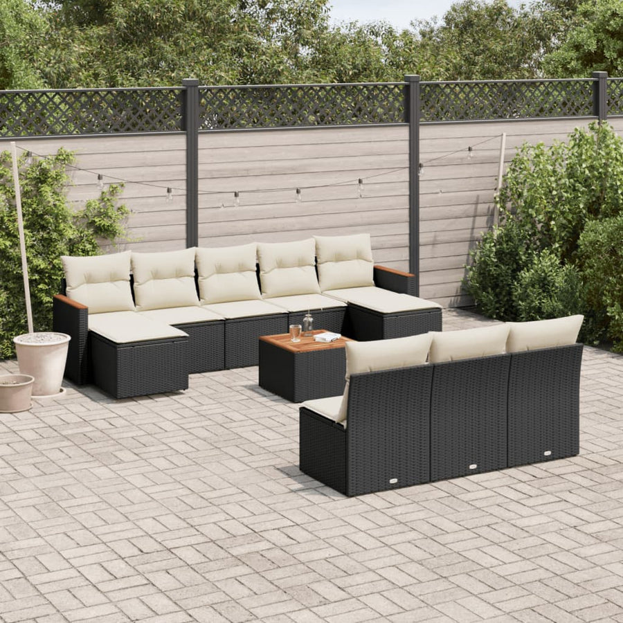 Set Canapele De Grădină Cu Perne, 11 Piese, Negru, Poliratan