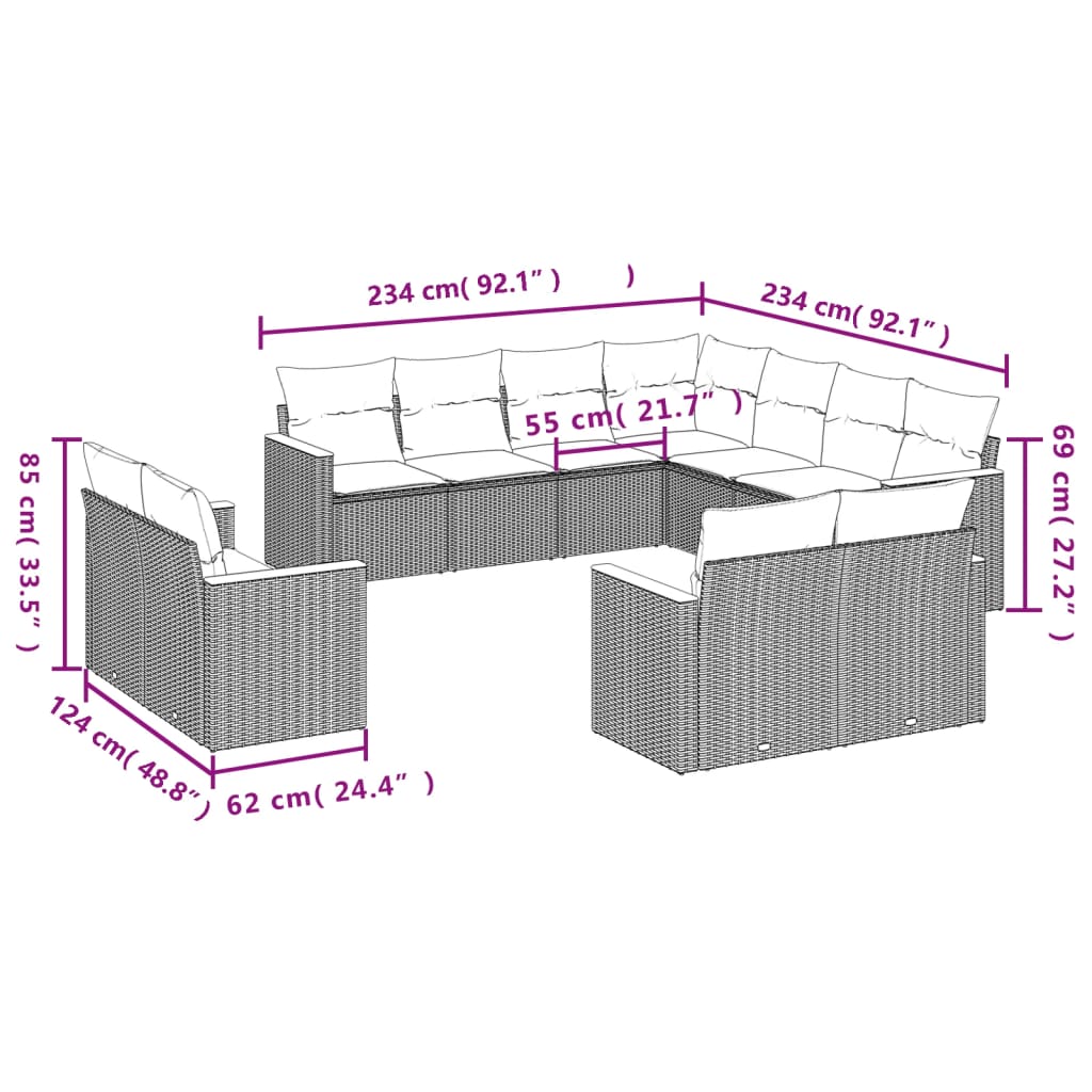 Set Canapele De Grădină Cu Perne, 11 Piese, , Poliratan