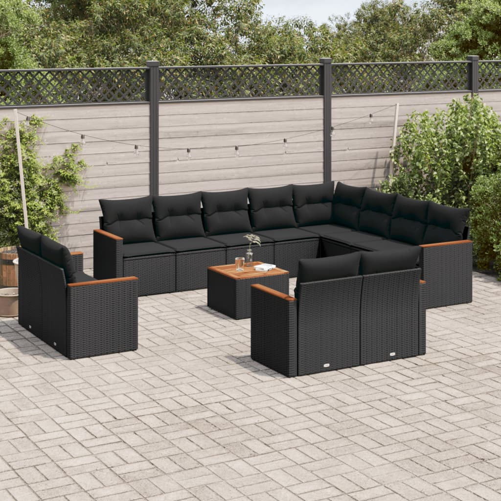 Set Mobilier De Grădină Cu Perne, 13 Piese, Negru, Poliratan