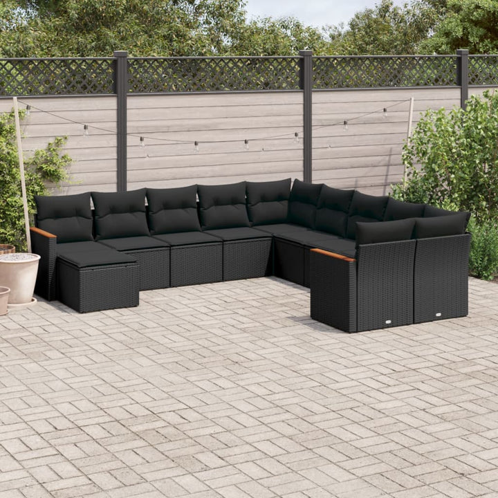 Set Canapele De Grădină Cu Perne, 11 Piese, Negru, Poliratan