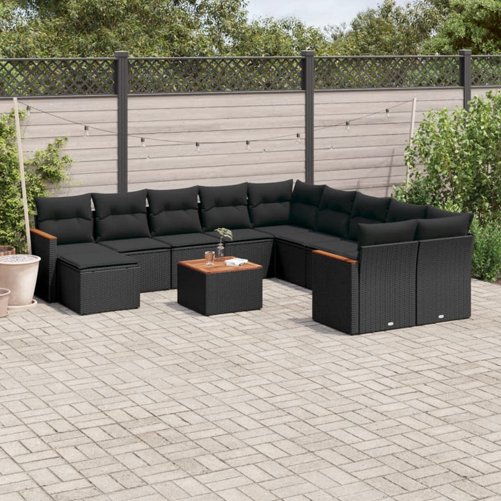 Set Canapele De Grădină Cu Perne, 11 Piese, Negru, Poliratan