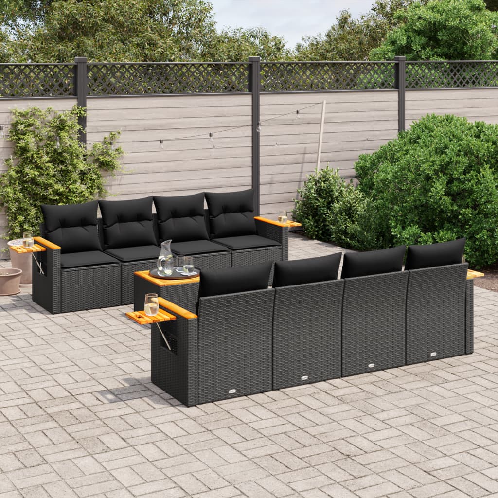 Set Mobilier De Grădină Cu Perne, 9 Piese, Negru, Poliratan