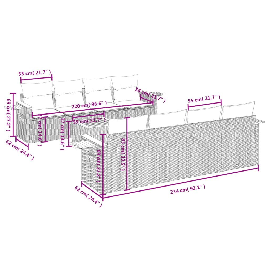 Set Mobilier De Grădină Cu Perne, 9 Piese, Negru, Poliratan