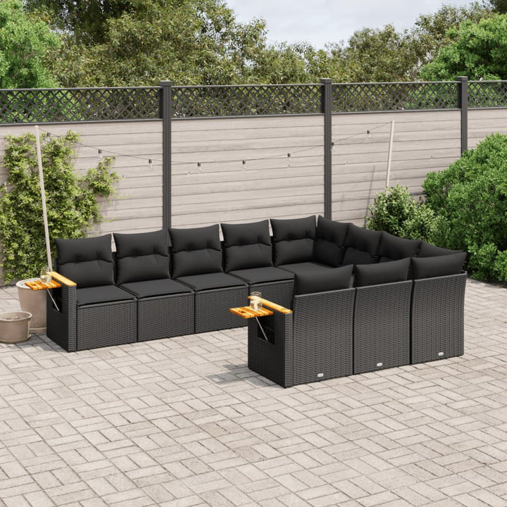 Set Canapele De Grădină Cu Perne, 10 Piese, Negru, Poliratan