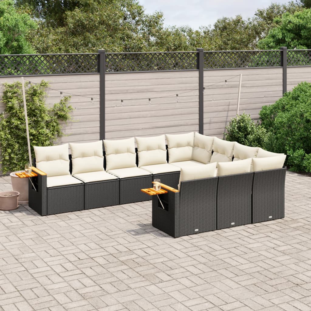 Set Canapele De Grădină Cu Perne, 10 Piese, Negru, Poliratan