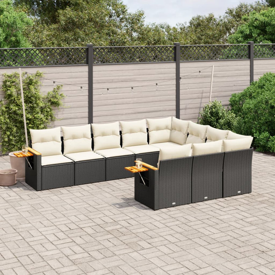 Set Canapele De Grădină Cu Perne, 10 Piese, Negru, Poliratan