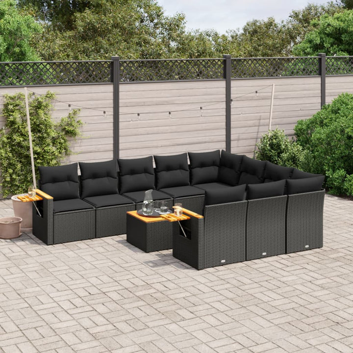 Set Canapele De Grădină Cu Perne, 10 Piese, Negru, Poliratan