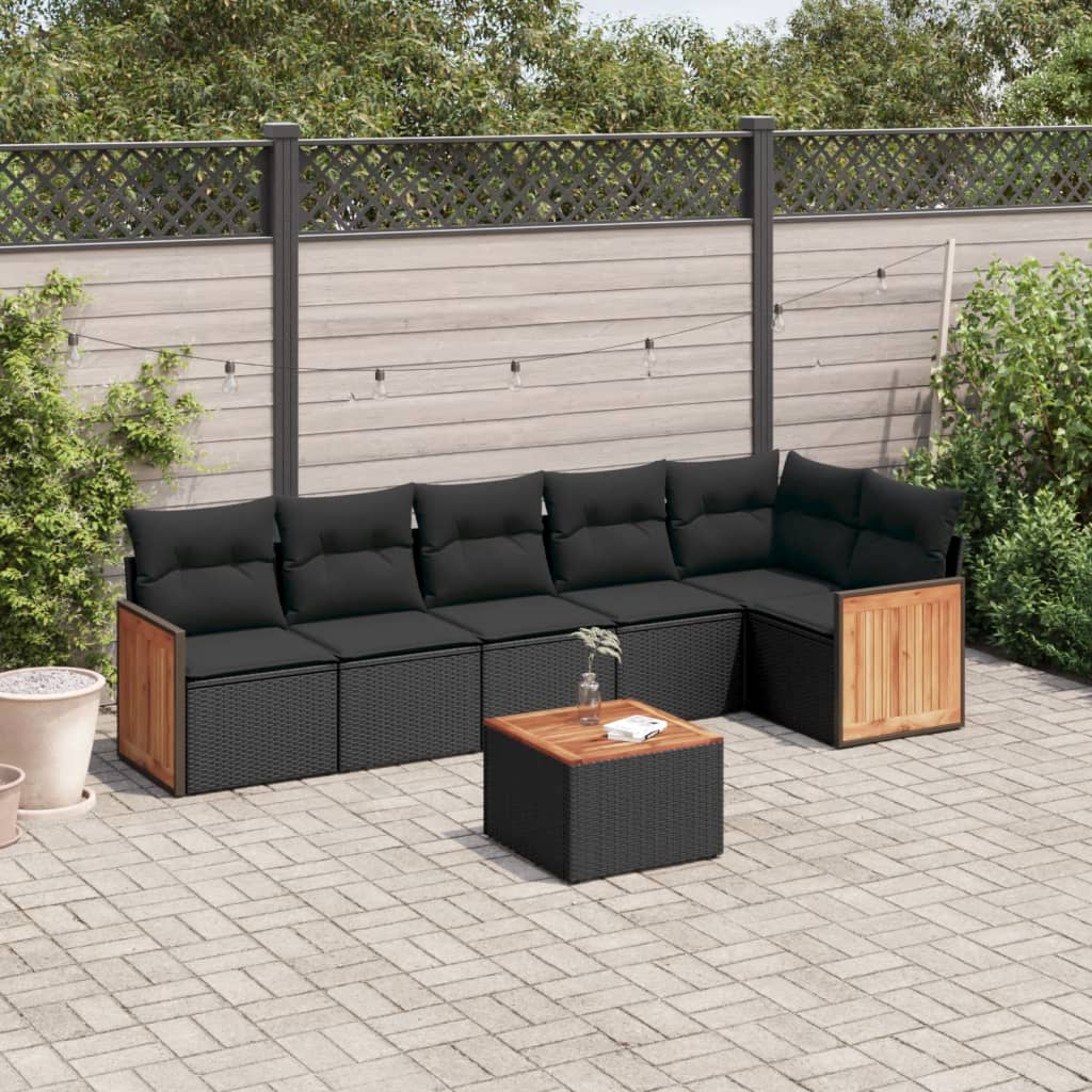 Set Canapele De Grădină Cu Perne, 7 Piese, Negru, Poliratan