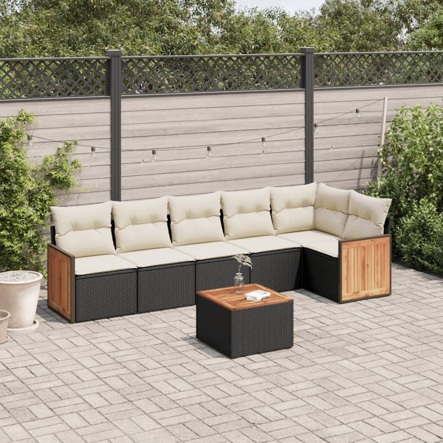 Set Canapele De Grădină Cu Perne, 7 Piese, Negru, Poliratan