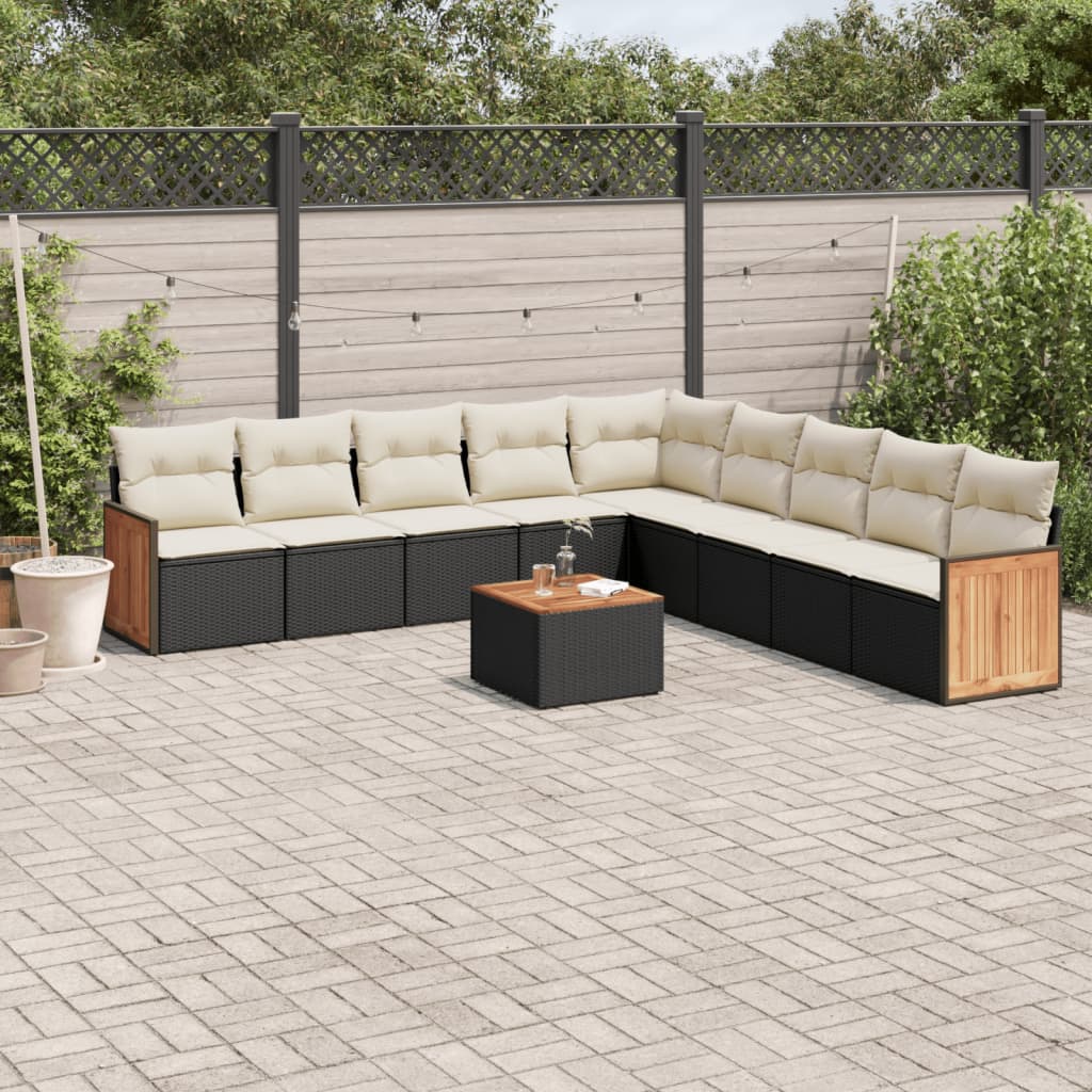 Set Canapele De Grădină Cu Perne, 10 Piese, Negru, Poliratan